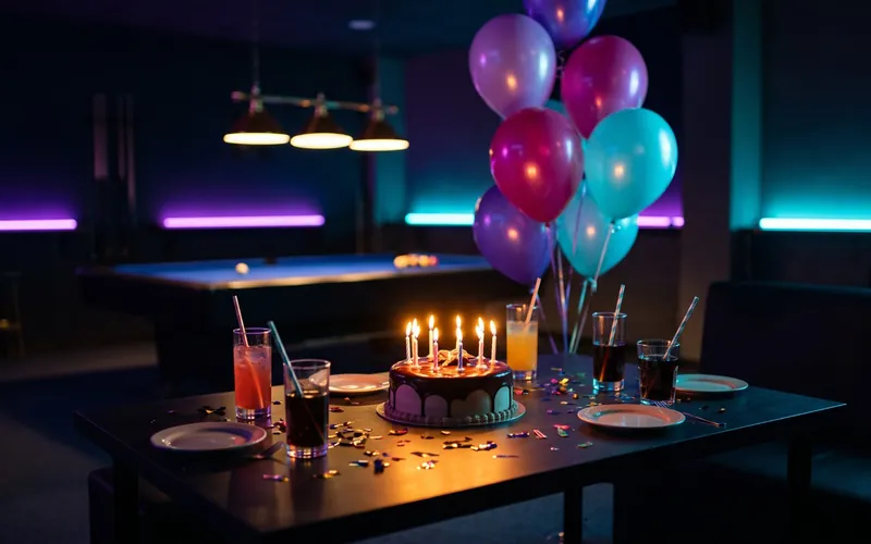 Birthday cake with lit candles and balloons beside a pool table