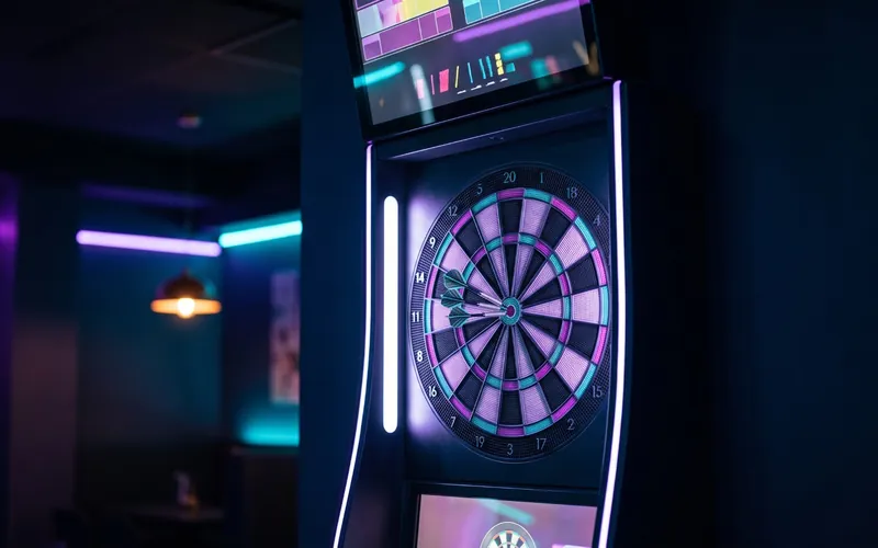 Electronic dart machine glowing with purple and cyan LEDs